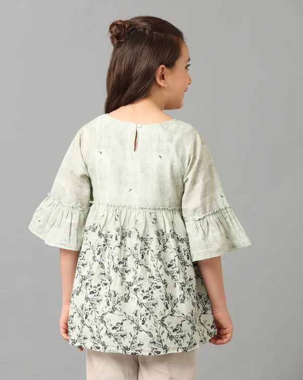 Green_Girls_Printed_3/4Th_Sleeve_A_Line_Top_With_Ruffles_At_Chest