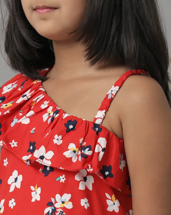 Green_Girls_Printed_3/4Th_Sleeve_A_Line_Top_With_Ruffles_At_Chest