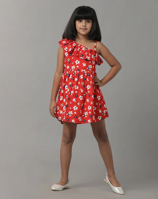 Green_Girls_Printed_3/4Th_Sleeve_A_Line_Top_With_Ruffles_At_Chest