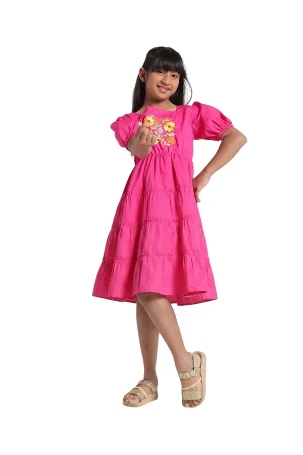 Under_Fourteen_Only_Girls_Blue_Solid_Denim_Dress_|_3/4_Sleeves_Regular_Fit_V-Neck_Embroidered_Dress_for_Kids