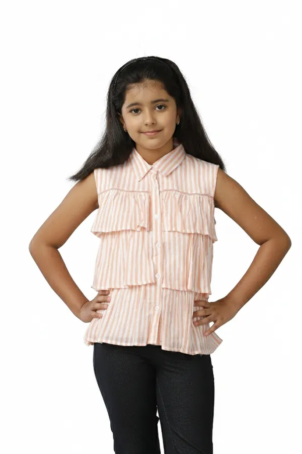 Cotton_Y/D_Stripes_Cut_N_Sew_Lace_Pleated_Frills_Button_Down_Shirt