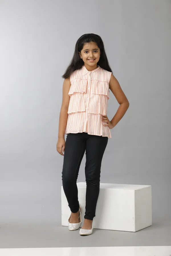 Cotton_Y/D_Stripes_Cut_N_Sew_Lace_Pleated_Frills_Button_Down_Shirt