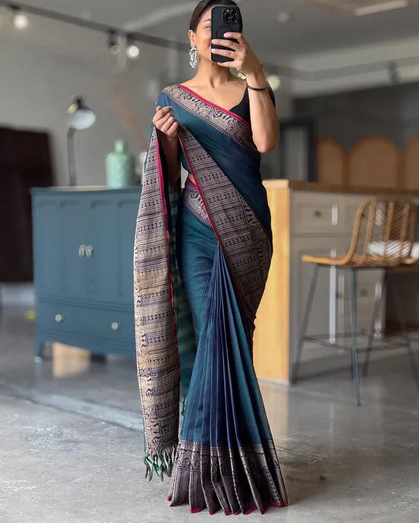 Blue_Khushi_Narayanpeth_Cotton_Saree_|_With_Unstitched_Blouse_Piece_For_Women