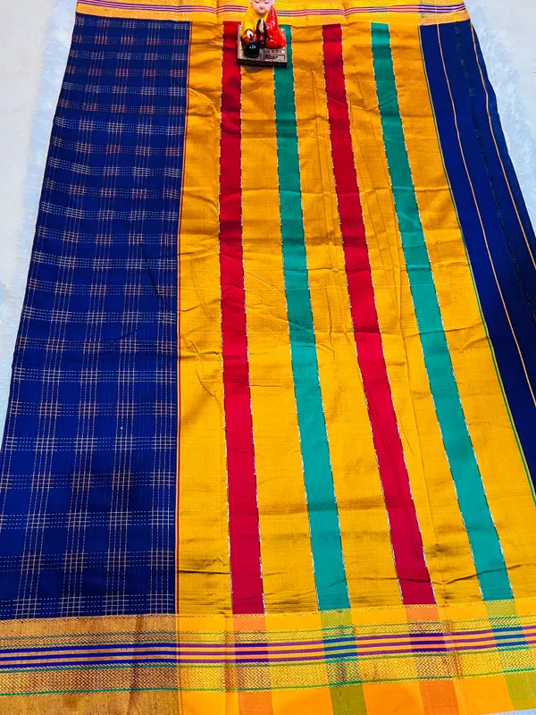 Blue_Hash_Checks__Narayanpeth_Cotton_Saree_|_With_Unstitched_Blouse_Piece_For_Women