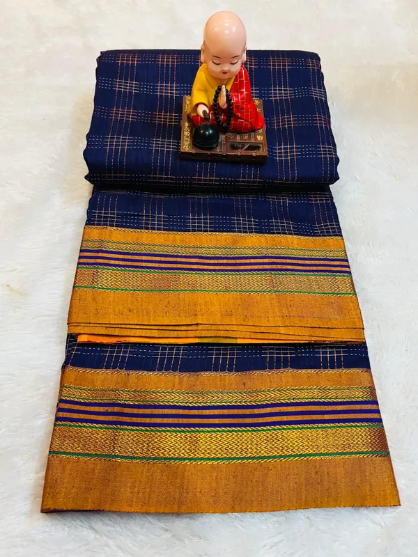 Blue_Hash_Checks__Narayanpeth_Cotton_Saree_|_With_Unstitched_Blouse_Piece_For_Women