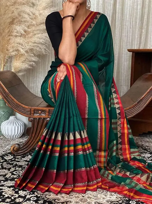 Bottle_Green_Divya_Narayanpeth_Cotton_Saree_|_With_Unstitched_Blouse_Piece_For_Women