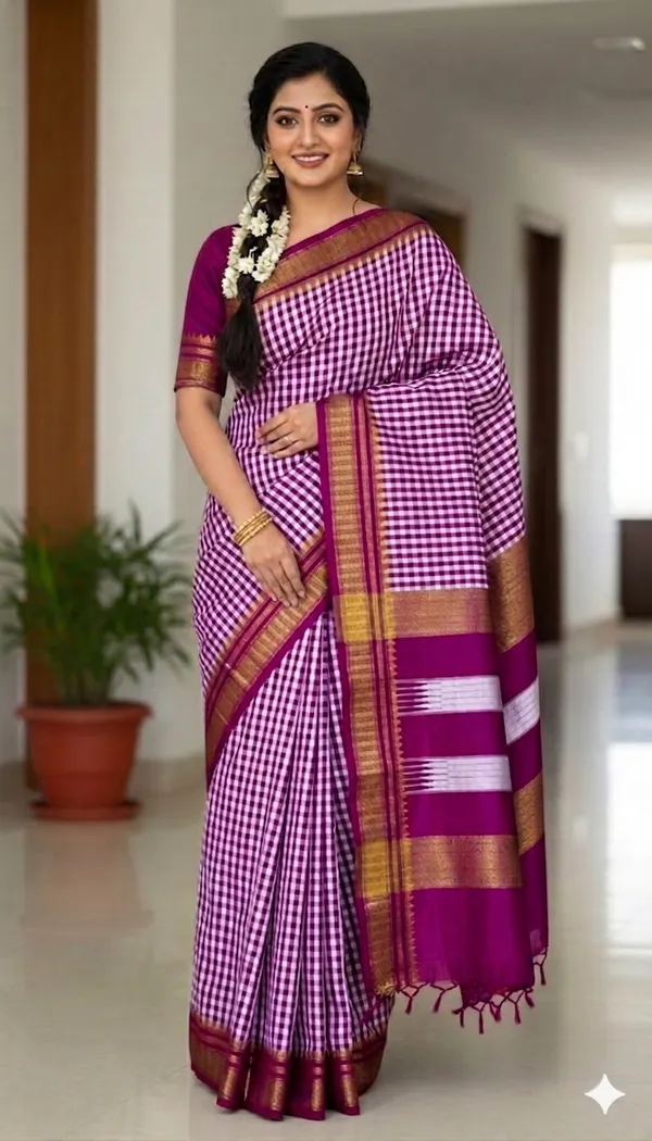 Magenta_Silk_Tana_checks_Ilkal_Saree