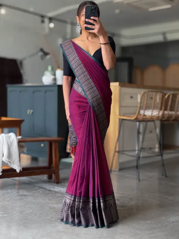 Magenta_Khushi_Narayanpeth_Cotton_Saree_|_With_Unstitched_Blouse_Piece_For_Women