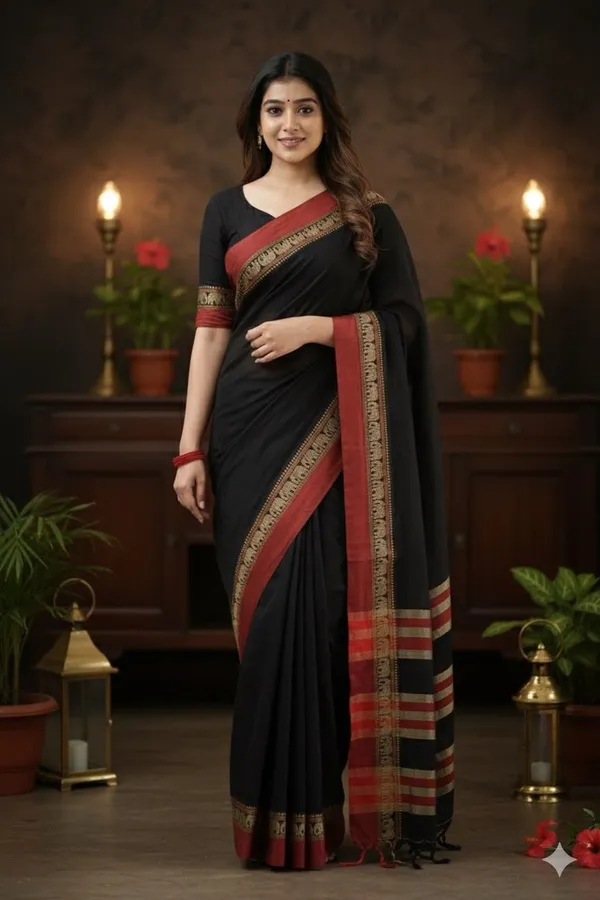 Black_Nidhi_Narayanpeth_Cotton_Saree_|_With_Unstitched_Blouse_Piece_For_Women