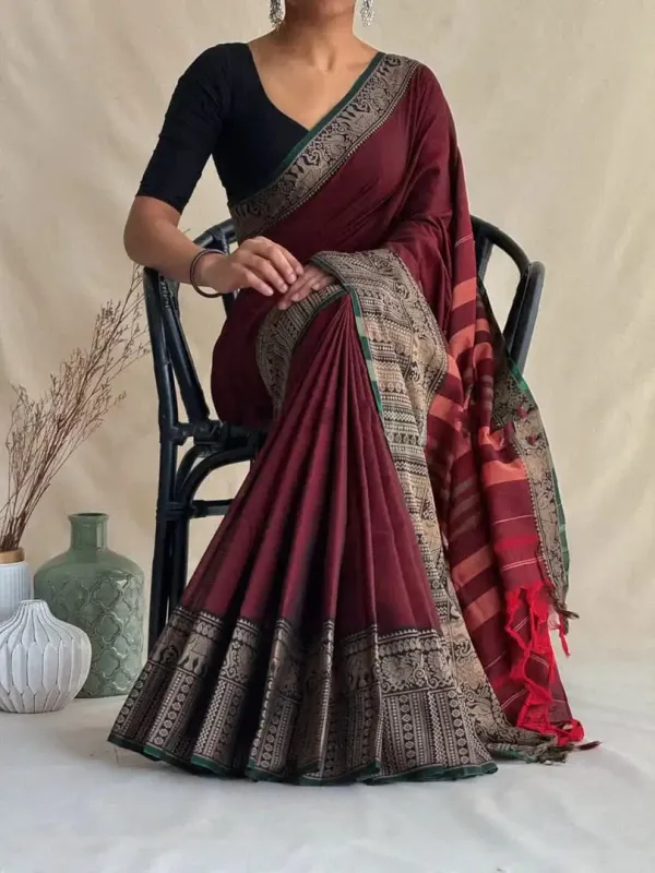 Maroon_Khushi_Narayanpeth_Cotton_Saree_|_With_Unstitched_Blouse_Piece_For_Women