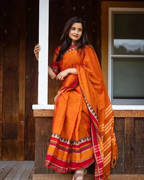 Orange_Divya_Narayanpeth_Cotton_Saree_|_With_Unstitched_running__Blouse_Piece_For_Women