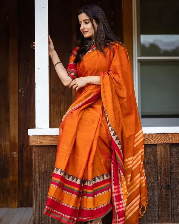 Orange_Divya_Narayanpeth_Cotton_Saree_|_With_Unstitched_running__Blouse_Piece_For_Women