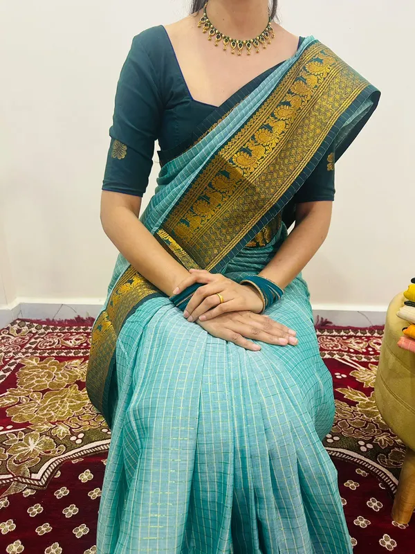 Sky_Blue_Pallavi_checksNarayanpeth_Cotton_Saree_|_With_Unstitched_Blouse_Piece_For_Women