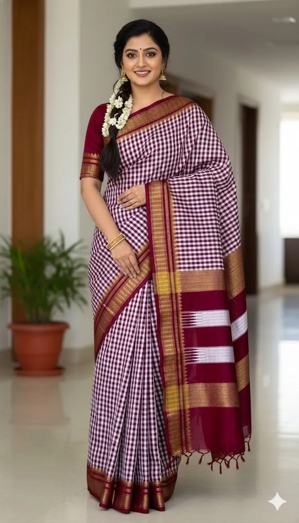 Chacolate_Tana_checks_Ilkal_Saree