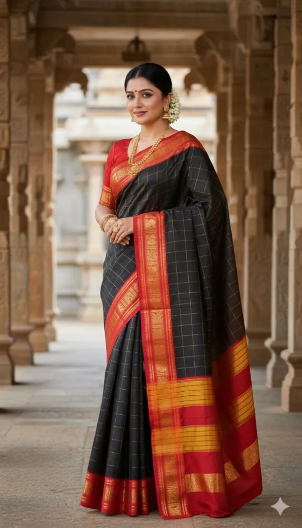 Black_Yukti_Big_checks_Narayanpeth_Cotton_Saree_|_With_Unstitched_Blouse_Piece_For_Women
