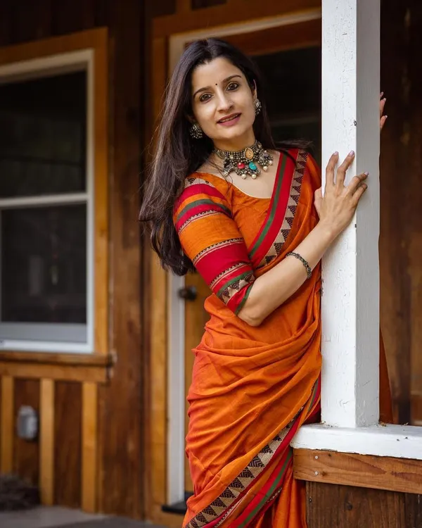 Orange_Divya_Narayanpeth_Cotton_Saree_|_With_Unstitched_Blouse_Piece_For_Women