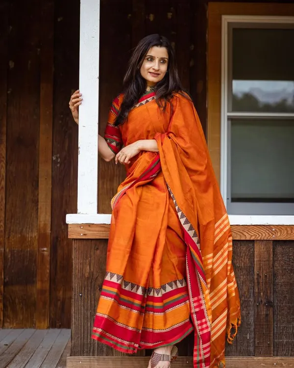 Orange_Divya_Narayanpeth_Cotton_Saree_|_With_Unstitched_Blouse_Piece_For_Women