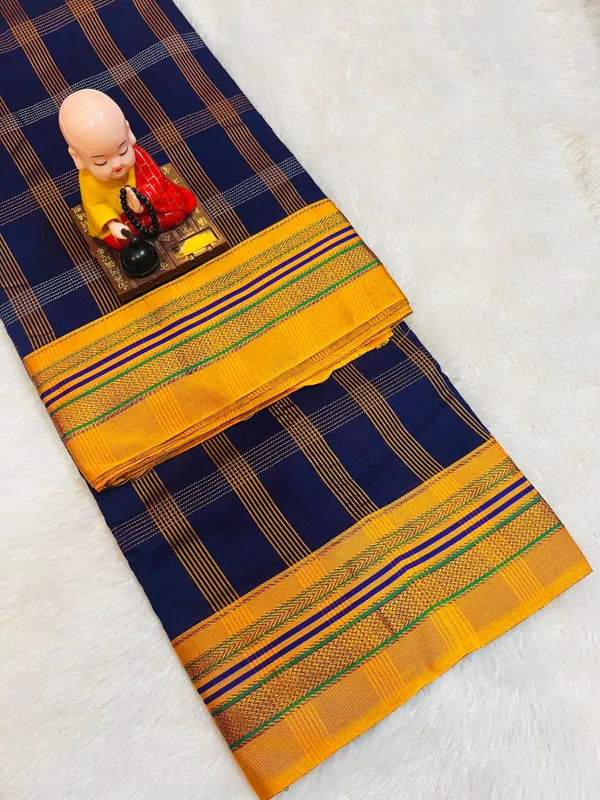 Blue_Box_Checks_Acrylic_Cotton_Saree_|_With_Unstitched_Blouse_Piece_For_Women