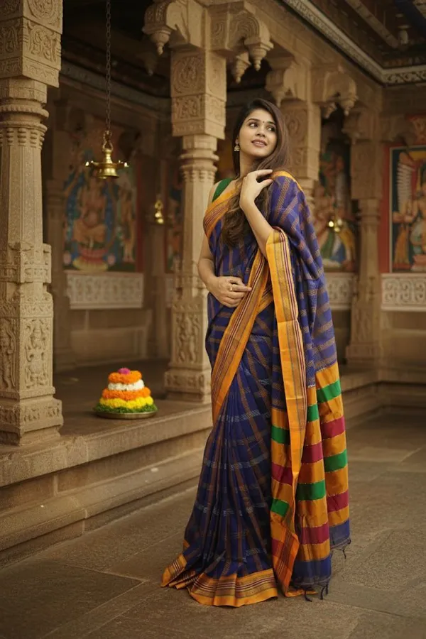 Blue_Box_Checks_Acrylic_Cotton_Saree_|_With_Unstitched_Blouse_Piece_For_Women