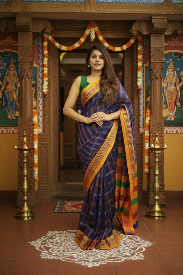 Blue_Box_Checks_Acrylic_Cotton_Saree_|_With_Unstitched_Blouse_Piece_For_Women