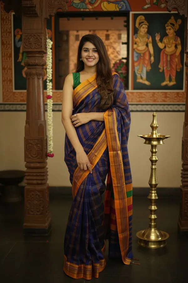 Blue_Box_Checks_Acrylic_Cotton_Saree_|_With_Unstitched_Blouse_Piece_For_Women