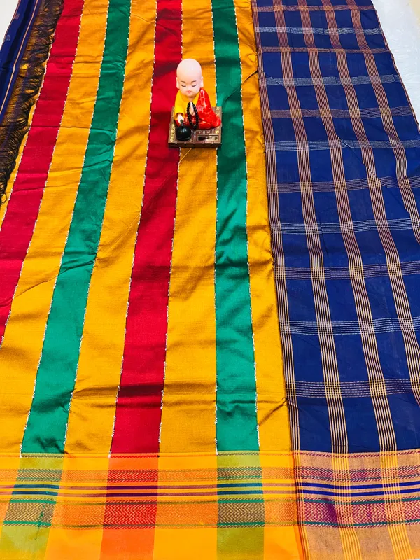 Blue_Box_Checks_Acrylic_Cotton_Saree_|_With_Unstitched_Blouse_Piece_For_Women