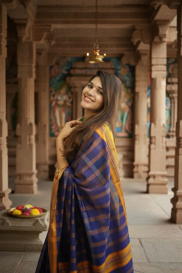 Blue_Box_Checks_Acrylic_Cotton_Saree_|_With_Unstitched_Blouse_Piece_For_Women