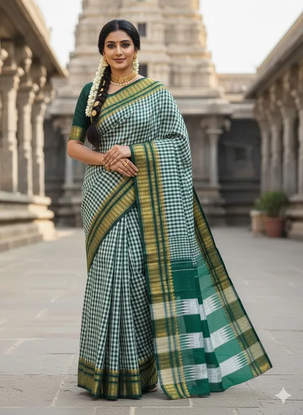 GreenTana_checks_Ilkal_Saree