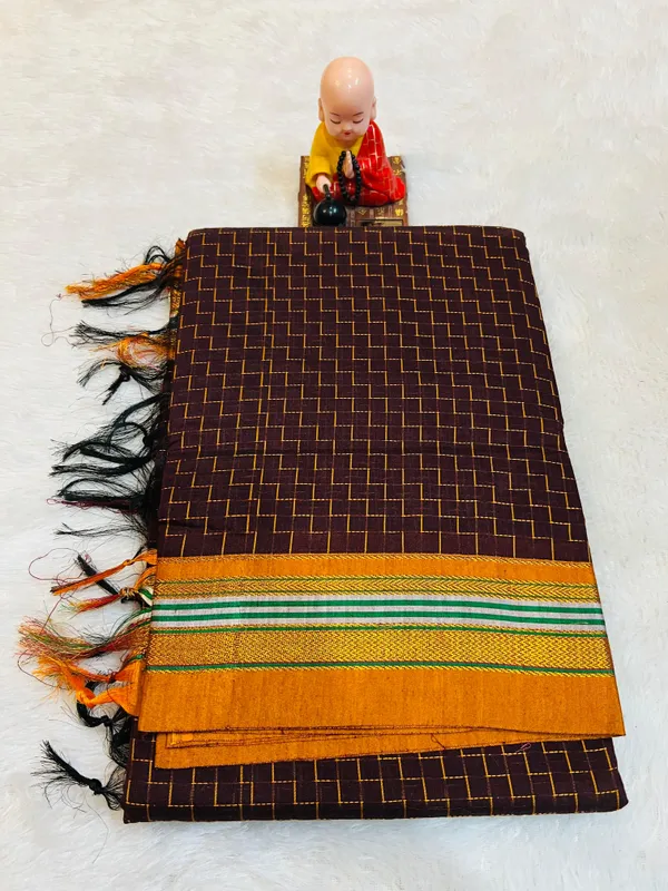 Chacolate_Zigzag_Narayanpeth_Cotton_Saree_|_With_Unstitched_Blouse_Piece_For_Women