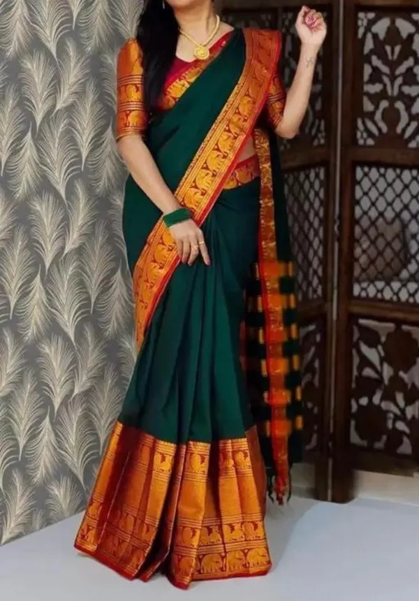 Bottle_Green_Ayodhya_Narayanpeth_Cotton_Saree_|_With_Unstitched_Blouse_Piece_For_Women