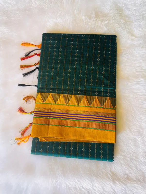 Dark_Green_Temple_Star_Plus_Acrylic_Cotton_Saree_|_With_Unstitched_Blouse_Piece_For_Women
