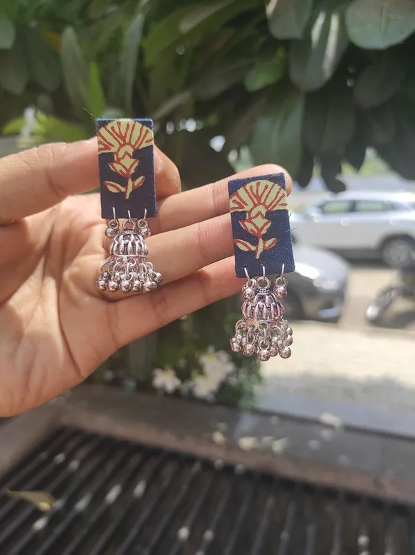 Handmade_Blue_Colour_Print_Earrings_With_Jhumka_For_Women