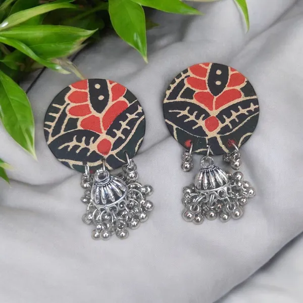 Flower_Print_Green_Colour_Fabric_Handmade_Jhumka_Earrings