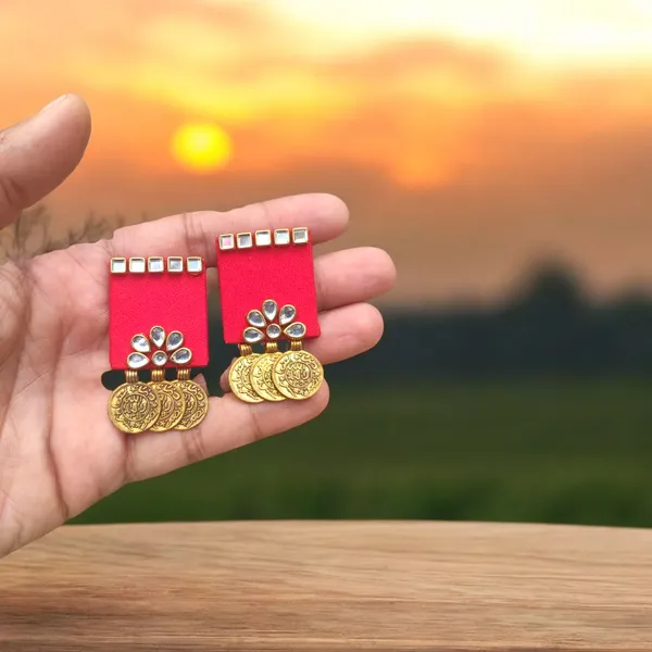 Handmade_Red__Colour_Kundan_Earrings_With_Coins
