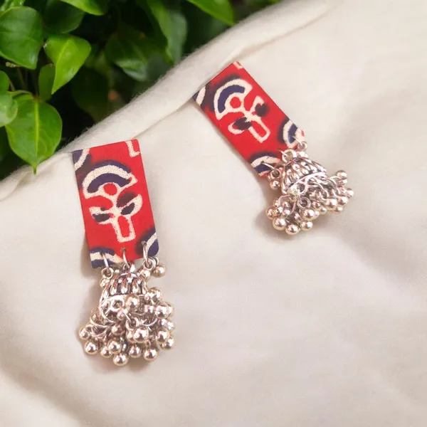 Handmade_Block_Print_Red_Colour_Earrings_With_Jhumka_For_Women