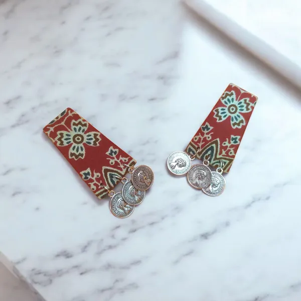 Red_Colour_Fabric_Handmade_Danglers_With_Coins_For_Women