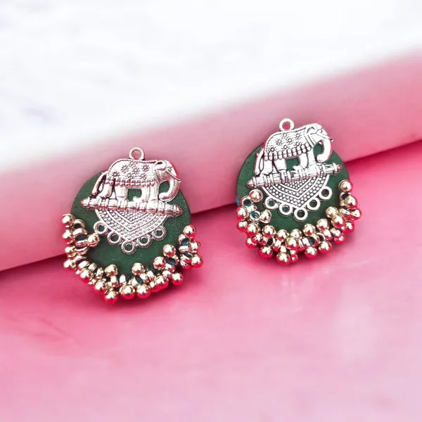 Green_Colour_Fabric_Handmade_Elephant_Shape_Stud_Earrings