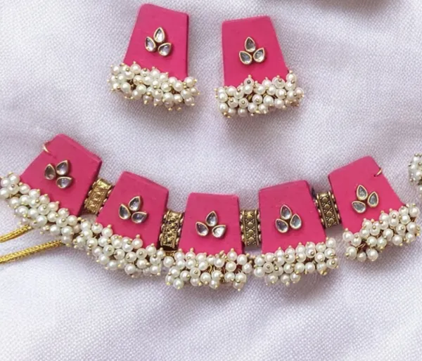 Pink_Traditional_Fabric_Handmade_Choker_Set_For_Women