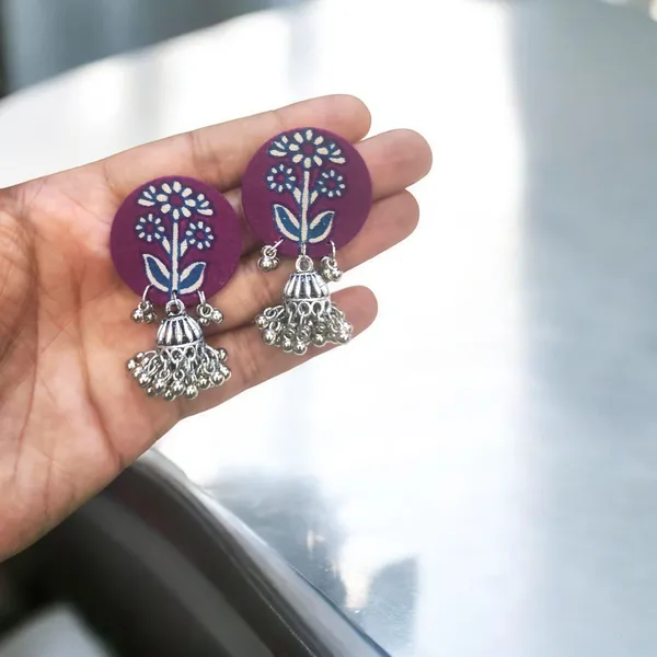 Flower_Print_Purple_Colour_Fabric_Handmade_Earrings_With_Jhumka