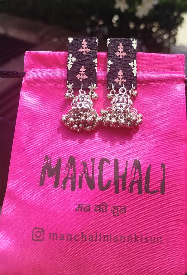 Multicolor_Handmade_Block_Print_Black_Colour_Earrings_With_Jhumka_For_Women