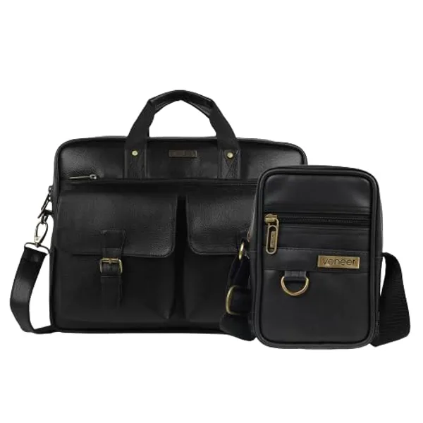 Black_Vegan_Leather_15.6_Inch_Laptop_Messenger_Bag|Padded_Laptop_Compartment|Office_Bag|Casual_Shoulder_Crossbody_Combo_Sling_Bag_And_Messenger_Bag_For_Men