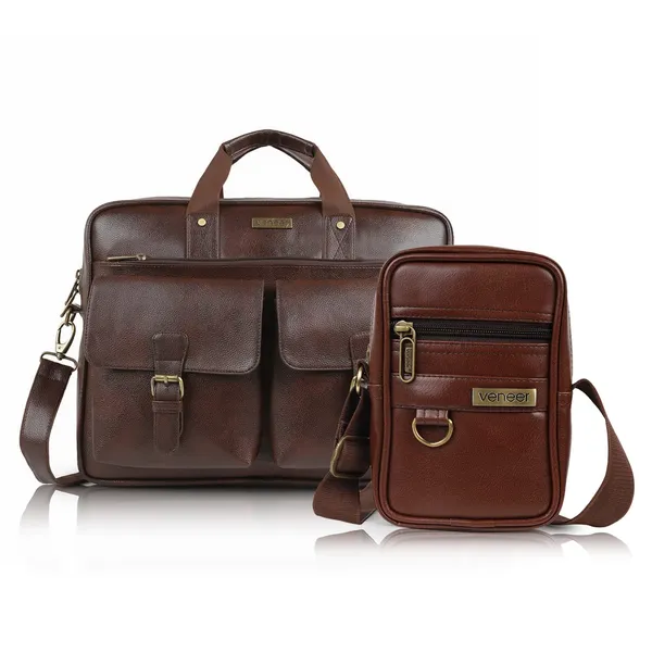 Brown_Vegan_Leather_15.6_Inch_Laptop_Messenger_Bag|Padded_Laptop_Compartment|Office_Bag|Casual_Shoulder_Crossbody_Combo_Sling_Bag_And_Messenger_Bag_For_Men