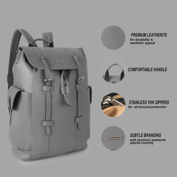 Grey_Casual_Vegan_Leather_Travel_Hiking_Trip_Trekking_Camping_Water_Resistant_Work_Ykk_Zippers_Backpack_For_Unisex