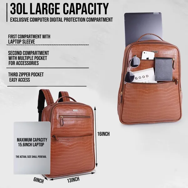 Tan_Vegan_Leather_Classy_Laptop_15_In_Crocco_Pattern_Design_Business_College_Office_Ykk_Zippers_Backpack_For_Unisex