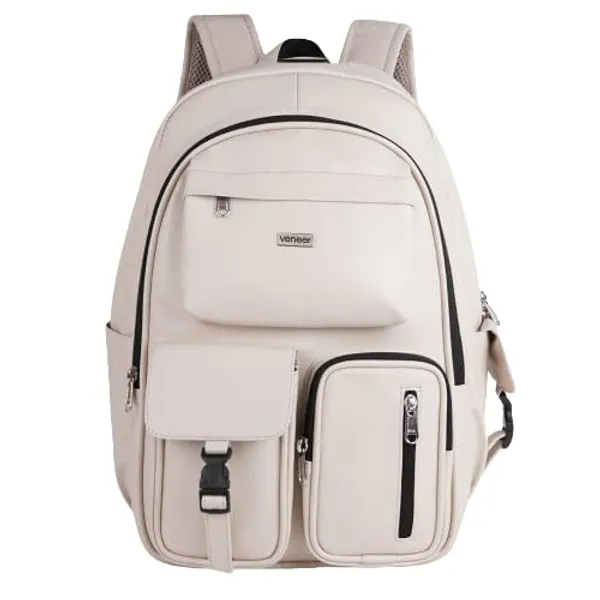 Cream_Casual_Vegan_Leather_Office_15.6_In_Laptop_College_Water_Resistant_Ykk_Zippers_Backpack_For_Unisex