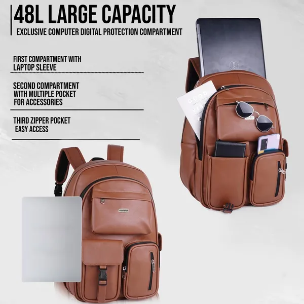 Tan_Casual_Vegan_Leather_Office_15.6_In_Laptop_College_Water_Resistant_Ykk_Zippers_Backpack_For_Unisex