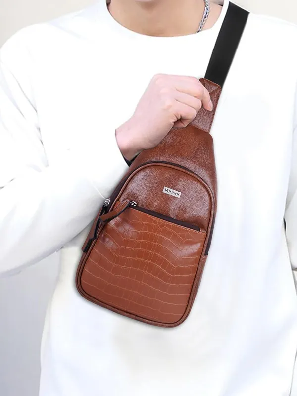 Tan_Vegan_Leather_Croco_Pattern_Stylish_Unique_Design_Shoulder_Chest_Crossbody_Fanny_Pack_For_Unisex