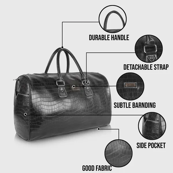 Black_Vegan_Leather_Croco_Pattern_Casual_Unique_Design_Travel_Shoulder_Crossbody_Daytrip_Business_Trip_Unisex_Duffle_Bag