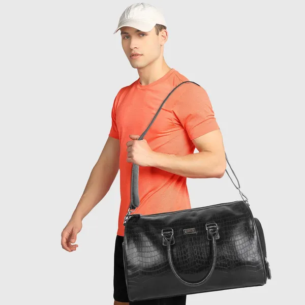 Black_Vegan_Leather_Croco_Pattern_Casual_Unique_Design_Travel_Shoulder_Crossbody_Daytrip_Business_Trip_Unisex_Duffle_Bag