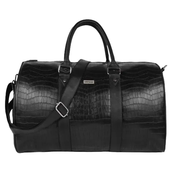 Black_Vegan_Leather_Croco_Pattern_55_Litre_Stylish_Unique_Design_Travel_Shoulder_Crossbody_Daytrip_Business_Trip_Unisex_Duffle_Bag
